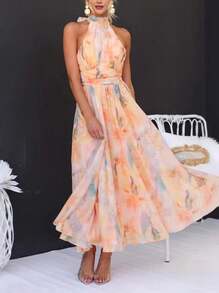 Vacation Outfits Women Summer Dresses For Women Halter Sleeveless Long Dress Watercolor Print Halter Neck Maxi Dress – Sleeveless Flowy Chiffon Backless Gown For Beach Vacation Wedding Guest Summer Party Outfit - Màu san hô - Xem 2