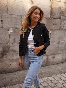 Fashionable & Elegant Solid Color Thick Wool Ribbed Front Button Office Cardigan, Autumn/Winter - Black - View 8