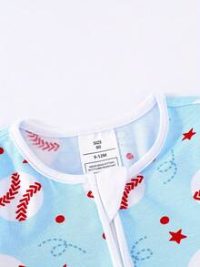 Junblebaby Tight-Fitting - Bamboo Fiber Baby Short-Sleeved Double-Zipped Dress, Easy To Change Diapers, Baseball Theme, With Cartoon Blue And White Baseball Digital Print, Super Soft And Breathable Double-Zipped Short-Sleeved And Short Pants, Baby Jumpsuit, Suitable For Summer Wear - 藍色 - 查看 4