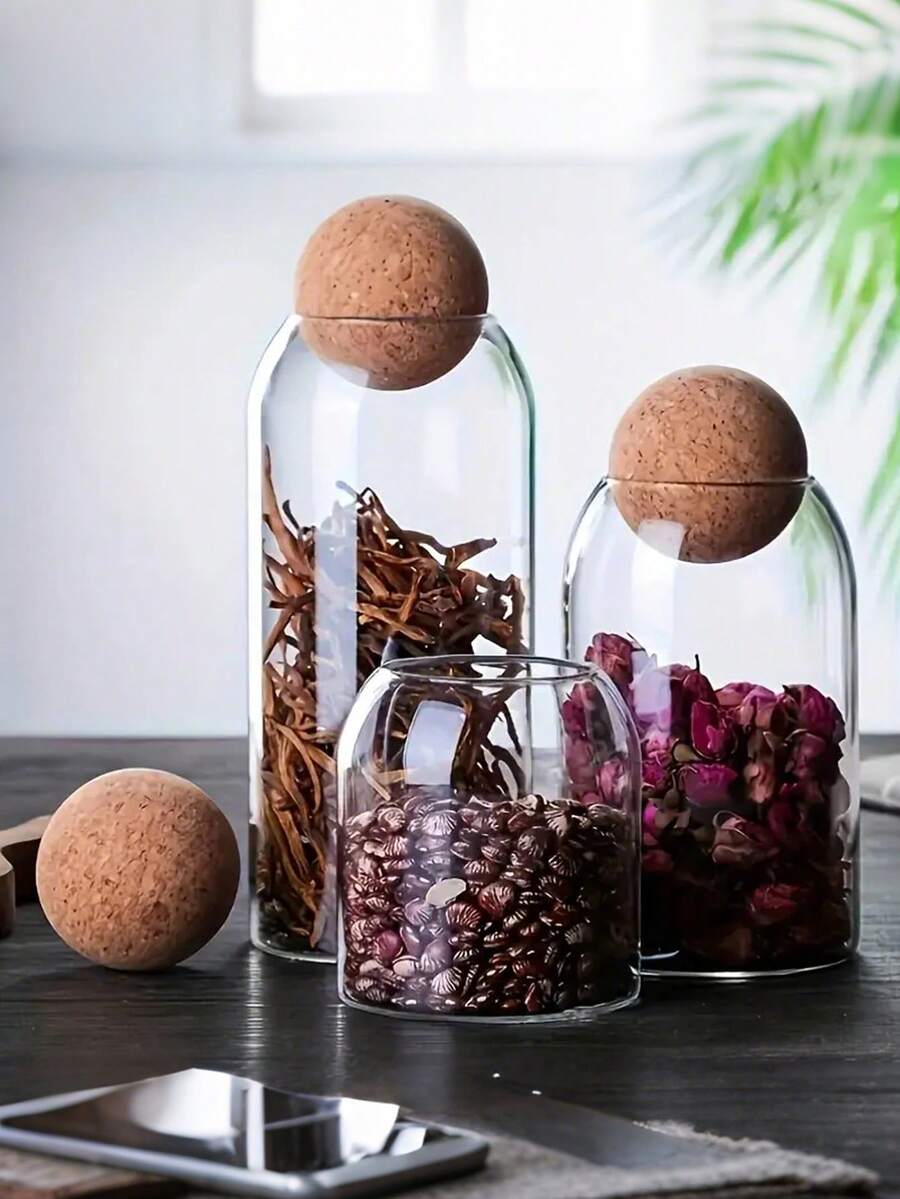 3pcs, 41oz/1200ml, 27oz/800ml, 17oz/500ml Glass Cups, Glass Storage Container With Spherical Cork Stopper, Reusable, Suitable For Storing Tea, Coffee, Flowers, Nuts, Candies, Etc., Essential For Kitchen Storage. - transparent - View 1