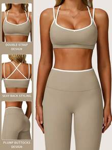 MFVIM Women's Linen Contrast Color Bra And Yoga Pants Set - White Trim Cute Backless | Tight And Breathable, Suitable For Yoga, Fitness And Outdoor Sports - Light Grey - View 4
