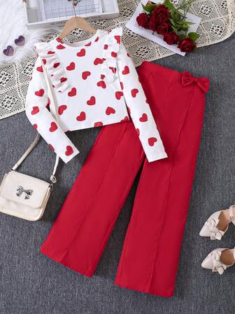 2 st/set flickor sött & lekfullt hjärtmönster, kort topp med volangkant och rosettdekor, vida ben, set med byxor, lös passform, mode, vår/sommar