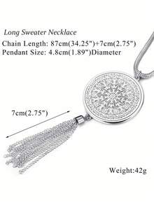 Xiacheng 1/6pcs Women Long Tassel Pendant Necklace, Circular Bar Feather Leaf Sweater Chain, Personalized Necklace - Silver - View 7