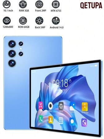 Qetupa Tablette PC Android 14 de 10,1 pouces, 3 Go de RAM + 64 Go de ROM, processeur octa-core MTK 6755 à 1,8 GHz, écran tactile IPS HD (1280x800), Bluetooth 5.2 et WiFi 802.11ac 5, GPS, caméra frontale 2 MP et caméra arrière 5 MP, batterie grande capacité de 6000 mAh, sans prise en charge de la carte SIM, idéal pour la lecture et les jeux. Léger et portable, profitez des loisirs n'importe où, n'importe quand.