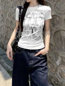2025 Spring/Summer Women's Casual Letter Print Short Sleeve Knit T-Shirt - White - View 3