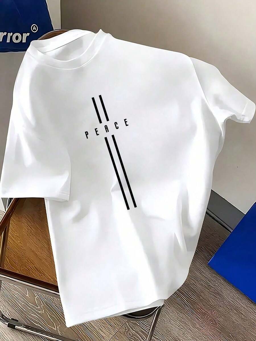 1pc Men'S Casual Fashion T-Shirt, Summer Knit Fabric, Round Neck Short Sleeve With Geometric Peace Pattern - White - View 1
