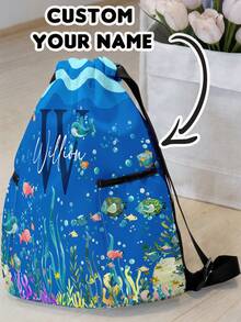 1 szt. Plecak ze ściągaczem z motywem zwierząt podwodnych i motywem kreskówkowym, z kieszeniami, spersonalizowany prezent na powrót do szkoły, odpowiedni dla dzieci i nastolatków