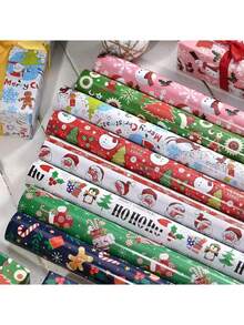 8张圣诞印花包装纸，50*70厘米，铜版纸，适合礼品包装，朋友礼物，节日包装，耐用纸质材料，圣诞树和驯鹿设计 - 彩色 - 查看 1