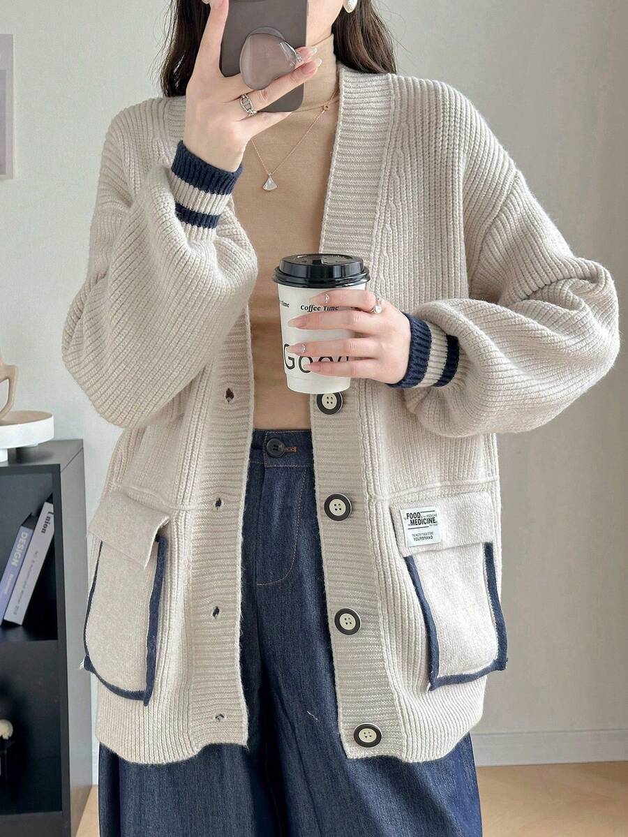 Spring New Contrast Stitching Pocket Design Loose Knitted Cardigan Coat Simple Casual Versatile Women's Sweater - Beige - View 1