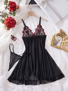 女士精致花卉刺绣荷叶边下摆性感吊带裙和透明 V 字形内裤套装 - 黑色 - 查看 3