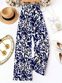 Pantalón largo de mujer con estampado geométrico floral azul y blanco con lazo en la cintura, adecuado para primavera y verano - Azul - Ver 4
