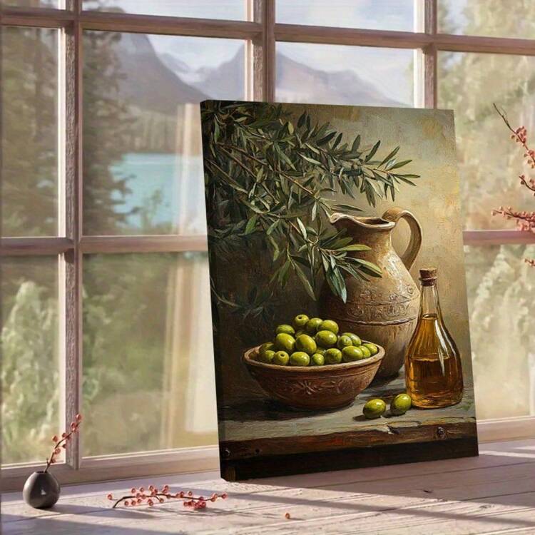 1pc, Rustic Still Life Canvas Wall Art Featuring Fresh Green Olives, Olive Tree Branches, A Vintage Ceramic Pitcher, And Oil Bottle. Ideal Mediterranean Farmhouse Style Picture Print For Kitchen, Dining Room, Or Pantry Wall Decor. - 彩色 - 查看 3