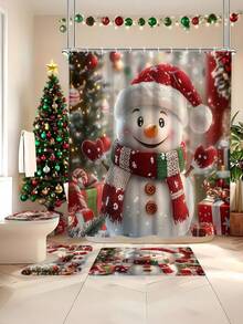 1/4 Piece Snowman Shower Curtain Set - White And Red, With Bathroom Mat And Hooks - Suitable For Christmas Bathroom Decor - Adds Holiday Atmosphere To Your Bathroom - Brings Festive Vibe To Your Shower Area