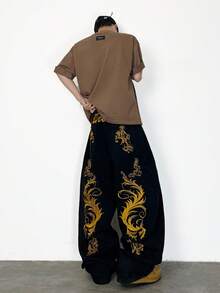 1件正义兄弟中国风刺绣休闲品牌男士宽松阔腿牛仔裤，百搭，垃圾摇滚 - 黑色 - 查看 4