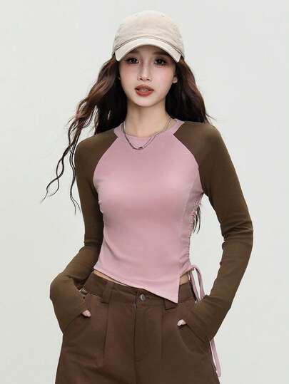 Camiseta corta de mujer con cordón de moda otoño 2025, top de ajuste ceñido con cuello redondo