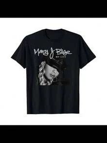 Mary J. Blige 'My Life' Playlist T-Shirt, Women's Printed T-Shirt,  Retro Classic Street Women's Short-Sleeved T-Shirt, Round Neck Casual Women's Outdoor Short-Sleeved T-Shirt, Daily Four Se - 黑色 - 查看 1