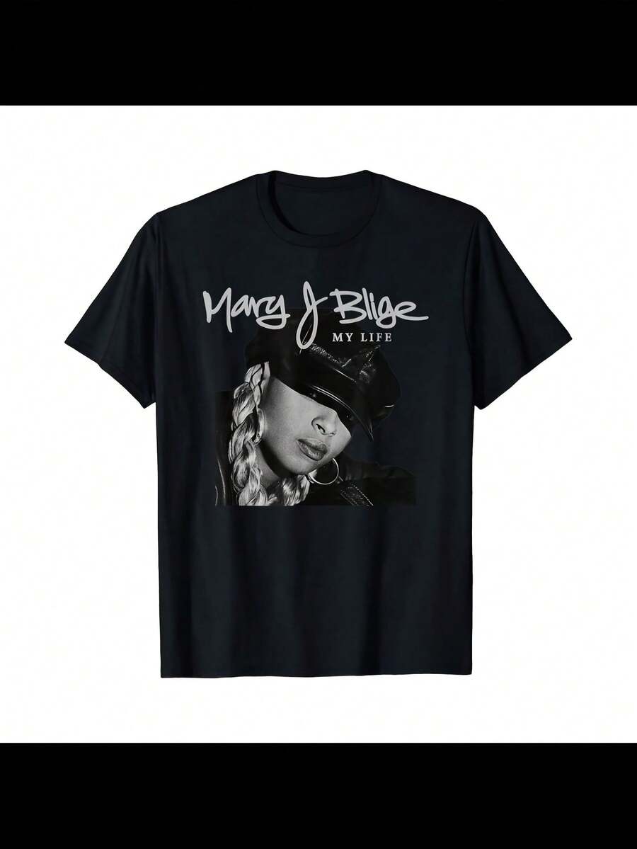 Mary J. Blige 'My Life' Playlist T-Shirt, Women's Printed T-Shirt, Retro Classic Street Women's Short-Sleeved T-Shirt, Round Neck Casual Women's Outdoor Short-Sleeved T-Shirt, Daily Four Se - 黑色 - 查看 1