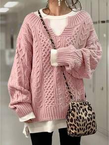 Women's Winter Chunky V Neck Long Sleeve Loose Cable Knit Sweater Pullover/Vacation Outfits Women/Valentine Outfits For Women - 粉色 - 查看 2