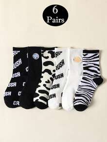 6 par damskich, personalizowanych skarpetek na jesień/zimę, z nadrukiem krowy, gwiazdą, haftem w paski zebry, długość do połowy łydki