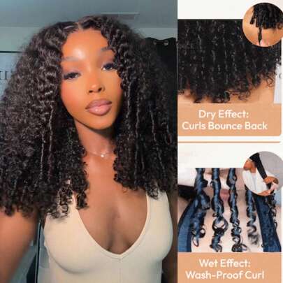  7"X5" Lace Closure Wig, Natural Black Spiral Curly Washable Wig, Tangle-Free Finger Curl Ends, 100% Human Hair, Instant Wear, Glossy For Summer Vacation, Pre-Cut Pre-Plucked Pre-Bleached Transparent Lace, Unice Wig