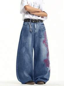 1pc Hong Kong Style High Street 3D Embroidered Floral Fashion Versatile Men's Washed Loose Wide Leg Jeans (Product Does Not Include Belt And Accessories) - Blue - View 5