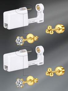 CIZME 4 件/套时尚不锈钢方晶锆石心形仿珍珠平背耳环，带穿耳枪，自穿耳套装 - 一次性穿耳枪，带预装耳钉，家用自穿耳枪套装，软骨耳环，男女皆宜，可作为日常装饰 - 銀色/金色 - 查看 14