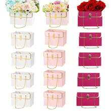 1 pièce/3 pièces/8 pièces/12 pièces Set Élégante boîte cadeau en papier rose, seau de rangement durable en papier pour bouquet de mariage, sac à main floral avec chaîne en métal, boîtes à fleurs, sac emballage cadeau parfait pour mariage, anniversaire, festivals, Saint-Valentin