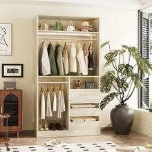 Freestanding Closet System With 2 Hanging Rods & 3 Open Drawers & 3 Shelves - 白橡木 - 查看 2