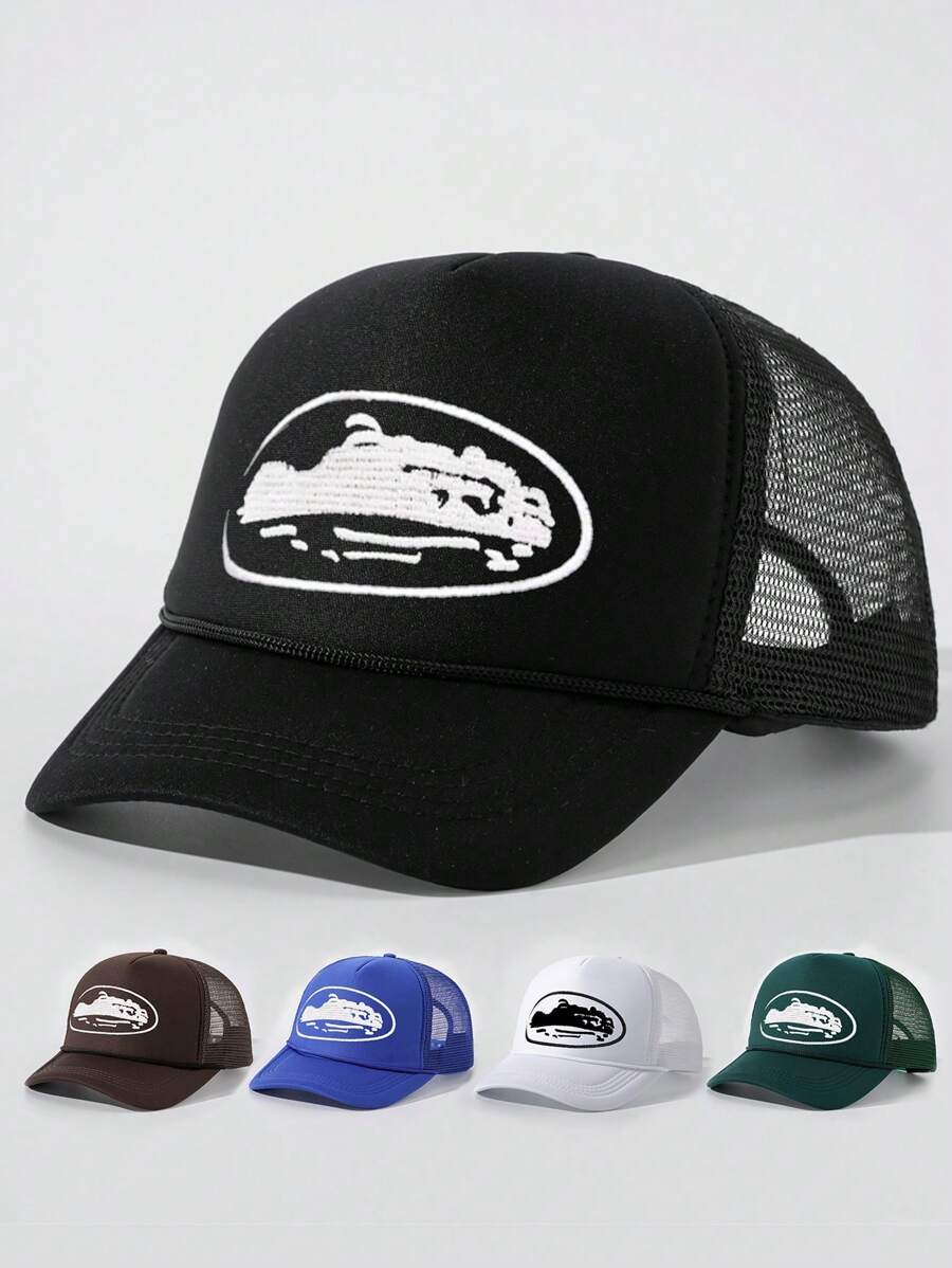 1pc Men's Embroidered Trucker Cap, Fashionable Elements Baseball Hat For Outdoor Sun Protection, Casual, Spring, Autumn Travel, Beach Vacation - Baseball Cap - View 1