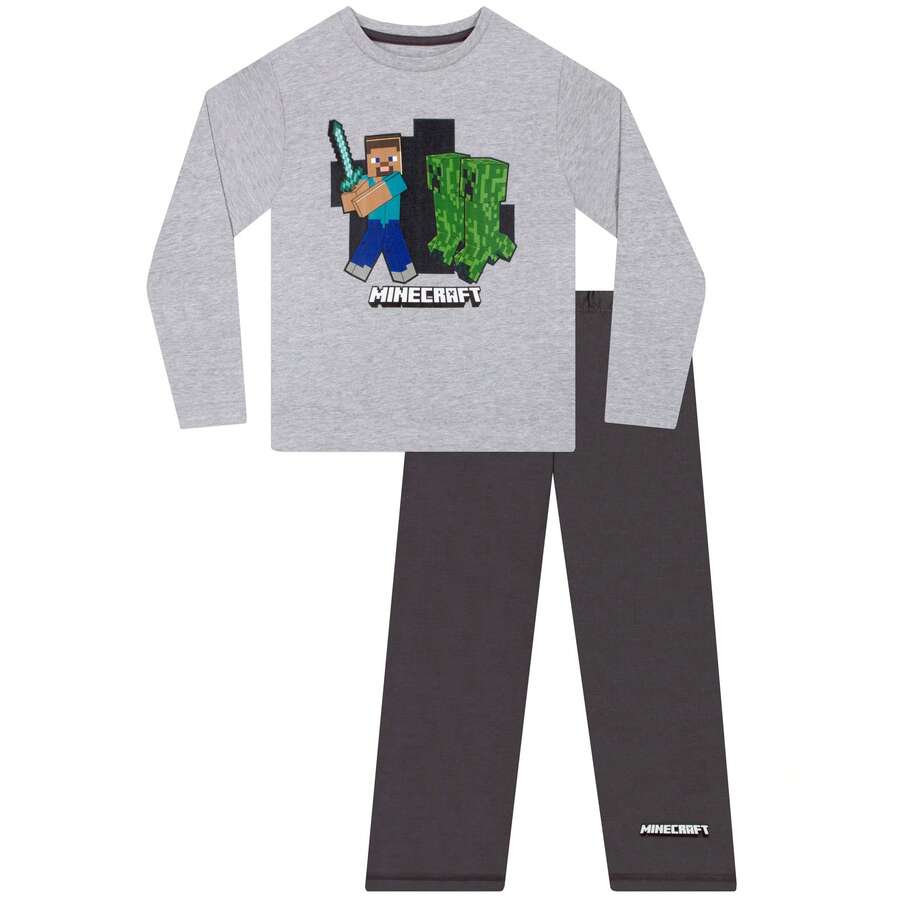 Minecraft Long Sleeved Pyjamas | Steve Vs Creeper Boys' Long Pyjama Set | Kids' PJs - Grey - View 1