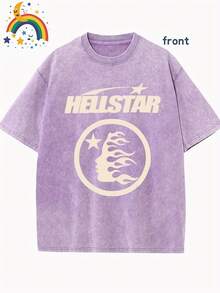 Star Pattern And "" Letter Print Men'S Summer Loose Fit Short Sleeved Washed Vintage 230g Pure Cotton Comfortable Breathable Casual Street Round Neck T-Shirt - 紫色 - 查看 1