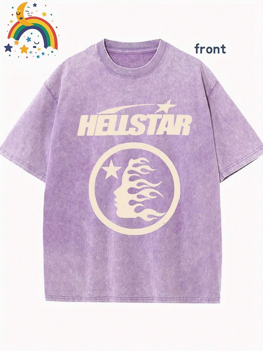 Star Pattern And "" Letter Print Men'S Summer Loose Fit Short Sleeved Washed Vintage 230g Pure Cotton Comfortable Breathable Casual Street Round Neck T-Shirt - 紫色 - 查看 1