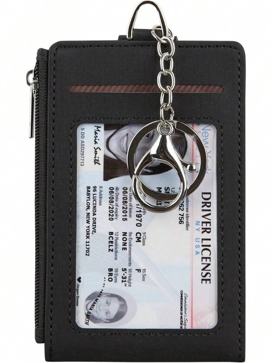 Women & Men Keychain Card Holder Case Zipper Slim Minimalist Front Pocket Wallet With 2 ID Window, Black - Đỏ01 - Xem 1