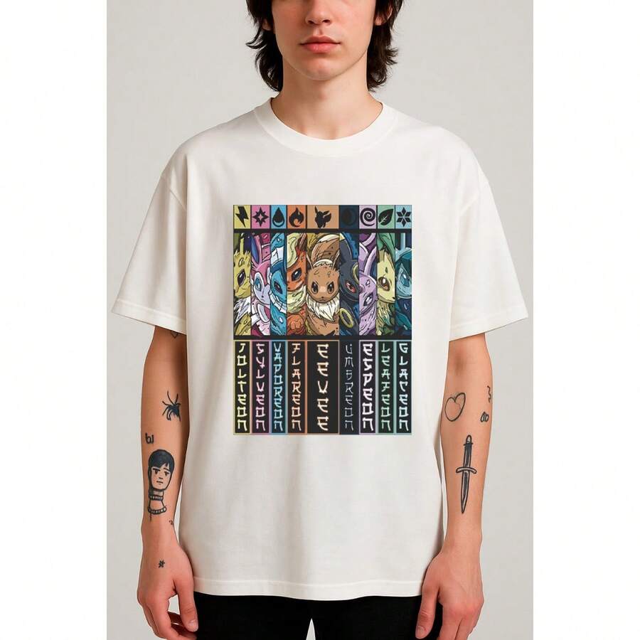 Eevee Evolutions T-Shirt Japanese Anime Manga Geek Nerd Shirt Blouse Unisex Male Female 100% Cotton Top Premium Streetwear Launch Fast Shipping Various Colors!! Plus Size - 白色 - 查看 1