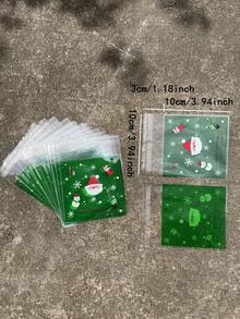 100 pièces Sacs d'emballage cadeaux verts OPP auto-scellants de 10 x 13 cm, avec motifs imprimés de Père Noël mignon et flocons de neige. Convient pour les faveurs et décorations de fête de Noël.