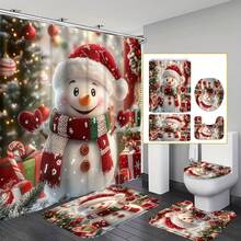 1/4 Piece Snowman Shower Curtain Set - White And Red, With Bathroom Mat And Hooks - Suitable For Christmas Bathroom Decor - Adds Holiday Atmosphere To Your Bathroom - Brings Festive Vibe To Your Shower Area