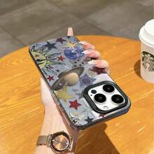 Planet & Star Pattern Phone Case, Personalized Protective Cover Compatible With Iphone 16 Pro Max, 15, 14 Plus, 13, 12, 11 - Black Frame Silver Gray - View 6