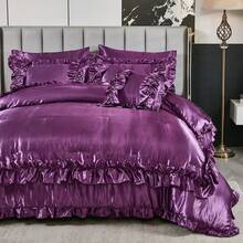 8 Pieces Satin Comforter  Set Queen/King Size Bed In A Bag Silky Bedding Set For Bedroom Decor Girls Pink Ruffled Comforter Set With Sheet Set Soft And Luxury Bedding Comforter Set Thread Count 1000 Silk Like Satin Bedding Set For All Seasons - Purple - View 3