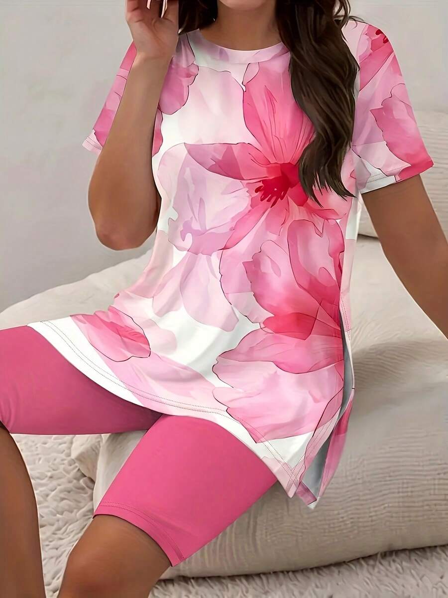 Women's Casual Tropical Floral Print Short-Sleeved Top And Shorts Set, With Side Slits, Fashionable Short-Sleeved Top Paired With Tight Shorts Set - Hồng - Xem 1