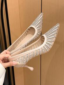 Xin Jing Shoes Women's Fashion Versatile Mesh Pointed Toe High Heel Pumps, Suitable For Commuting And Wedding - Khaki - View 9