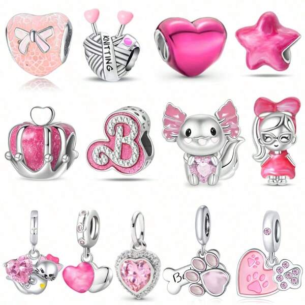 1 Silver Pink Series Letter Full Rhinestone Love Pentagram Letter Gift Cute Girl Love Mom Delicate Surprise Gift Suitable For Original Bracelet Charm Female Enamel Craft Jewelry Gift