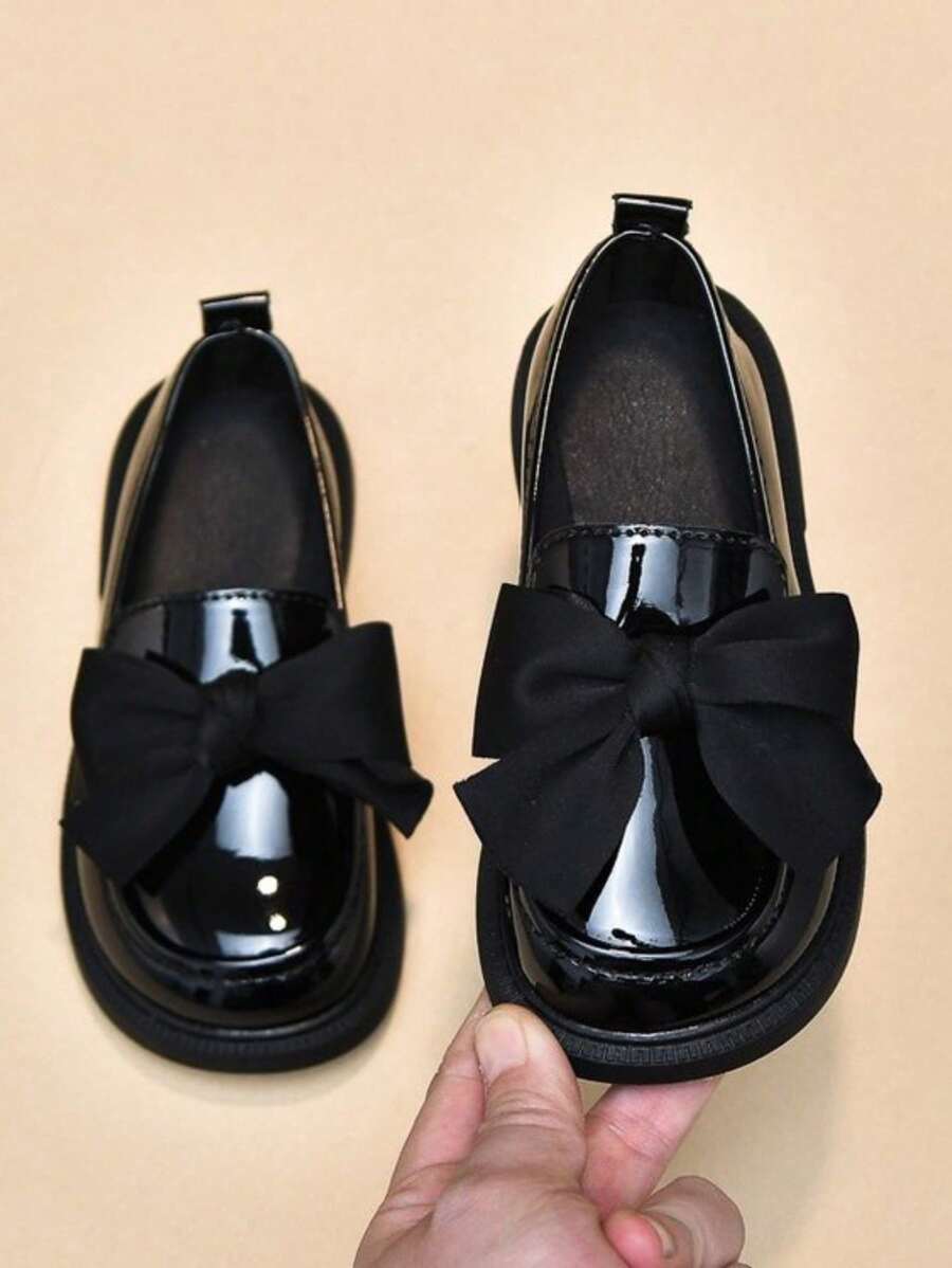 Girls' Bowknot Leather School Shoes, Children Princess Shoes, British Style Black Flats, Soft Sole Student Performance Shoes