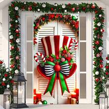 HEGO Christmas Door Banner – 1pc Festive Polyester Candy Cane Bow And Top Hat Design, Multipurpose Holiday Photography Backdrop, Door Decoration For Seasonal Porch, Lawn & Garden Decor Without Electricity Or Batteries