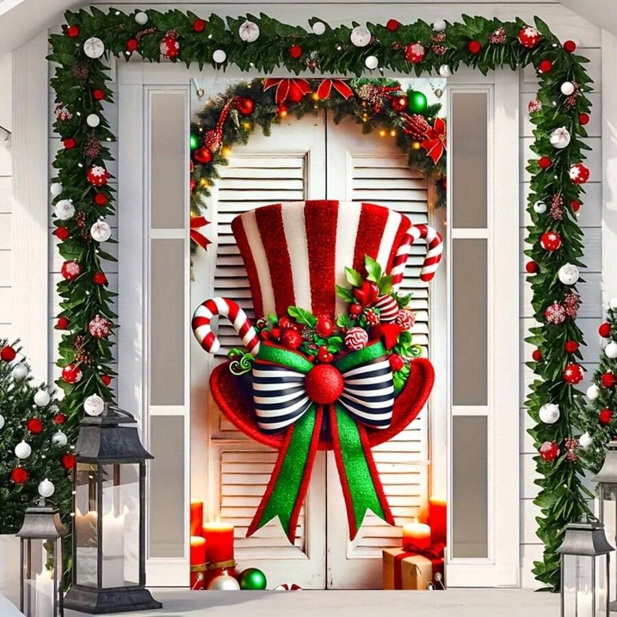 HEGO Christmas Door Banner – 1pc Festive Polyester Candy Cane Bow And Top Hat Design, Multipurpose Holiday Photography Backdrop, Door Decoration For Seasonal Porch, Lawn & Garden Decor Without Electricity Or Batteries