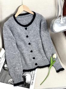 Wixra 2025 Autumn New Design Colorblock Heart Button Knitted Cardigan, Versatile Women Sweater Jacket - Grey - View 5
