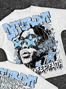 180Gpure CottonSlaydiva Casual Simple Hip-Hop Fingerprint & Portrait Print Loose Round Neck Short Sleeve T-Shirt For WomenGIFT - 多色 2 - 查看 5