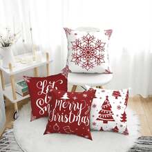 4pcs Merry Christmas Pillow Covers, Snowflake Pattern, Christmas Tree Home Decor, Living Room Outdoor Sofa Single-Sided Design, Pillow Inserts Not Included - Red and White - View 6