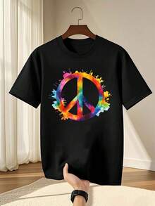 Tie-Dye T-Shirt With Peace Symbol, Men's Double-Sided Print T-Shirt, Modern, Casual, Round Neck, 220 G/M2, Pure Cotton (1 Piece) - 黑色 - 查看 2