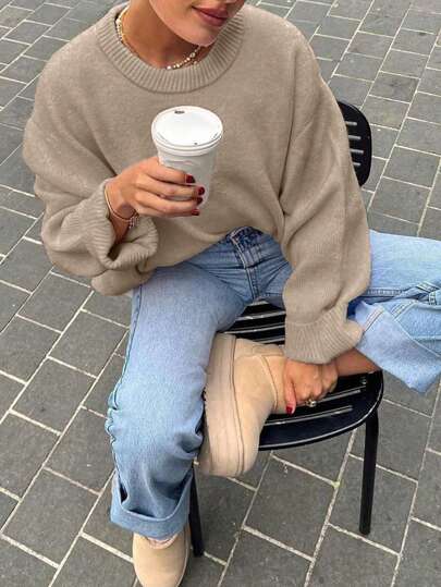 FOR BEAUTY Autumn And Winter New Round Neck Long Sleeve Solid Color Minimalist Knit Sweater For Women, New Casual Commuting Sweater, Soft And Comfortable Loose Pullover, Fashionable Top For New Year