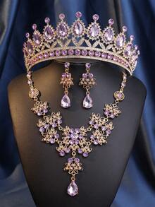 Set de 4 piezas de corona nupcial, collar y pendientes de aleación de zinc con tiara y strass, set de joyas de boda elegante para novias